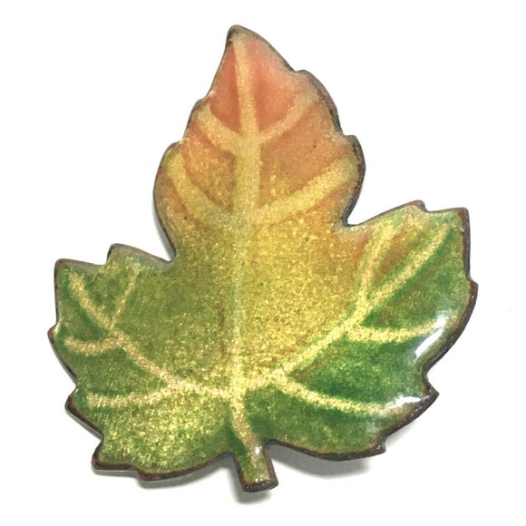 Handmade Glass Enamel On Copper Maple Leaf Pin Brooch Montreal Signed Vermette - Picture 2 of 9